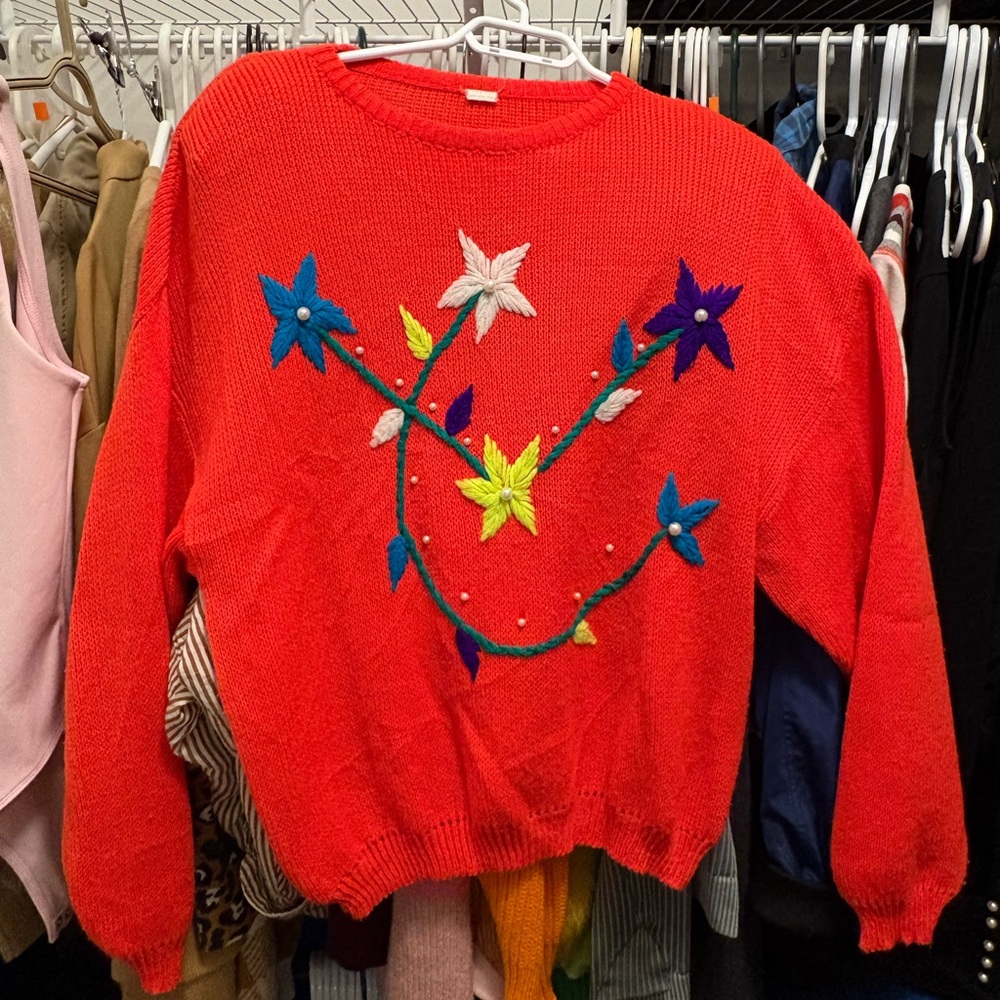 Vintage Orange Floral Embroidered Sweater